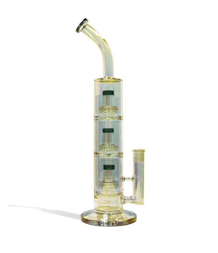 Gold 18 Inch Electro Plated Triple Perc Water Pipe Front View on White Background