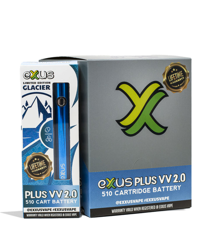 Glacier Exxus Vape Plus VV 2.0 Cartridge Vaporizer 12pk Packaging Front View on White Background