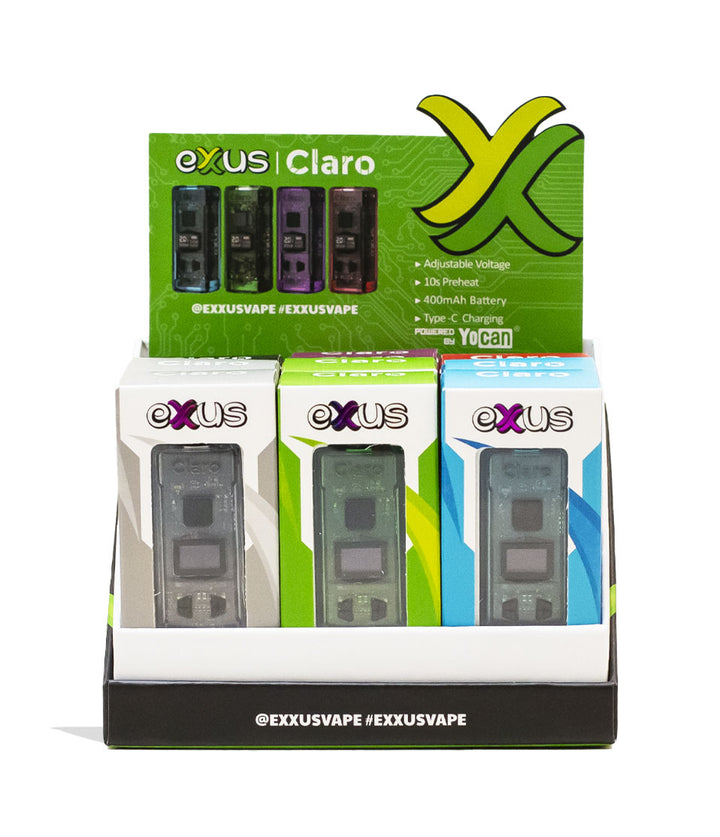 Exxus Vape Claro Cartridge Vaporizer 12pk Box Open Front View with card on White Background