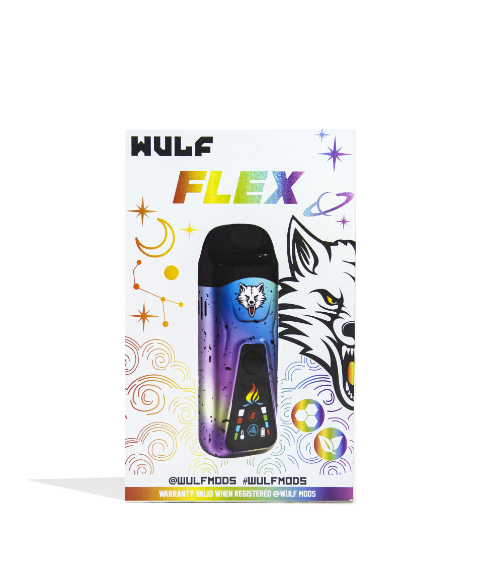 Full Color Spatter Wulf Mods Flex Dual Use Concentrate and Dry Herb Vaporizer Packaging Front View on White Background