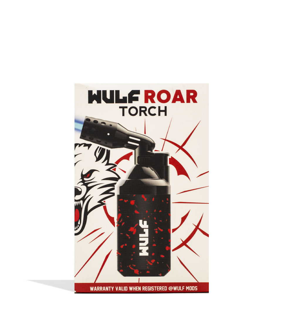 Black Red Spatter Wulf Mods Roar Butane Torch 9pk Packaging Front View on White Background