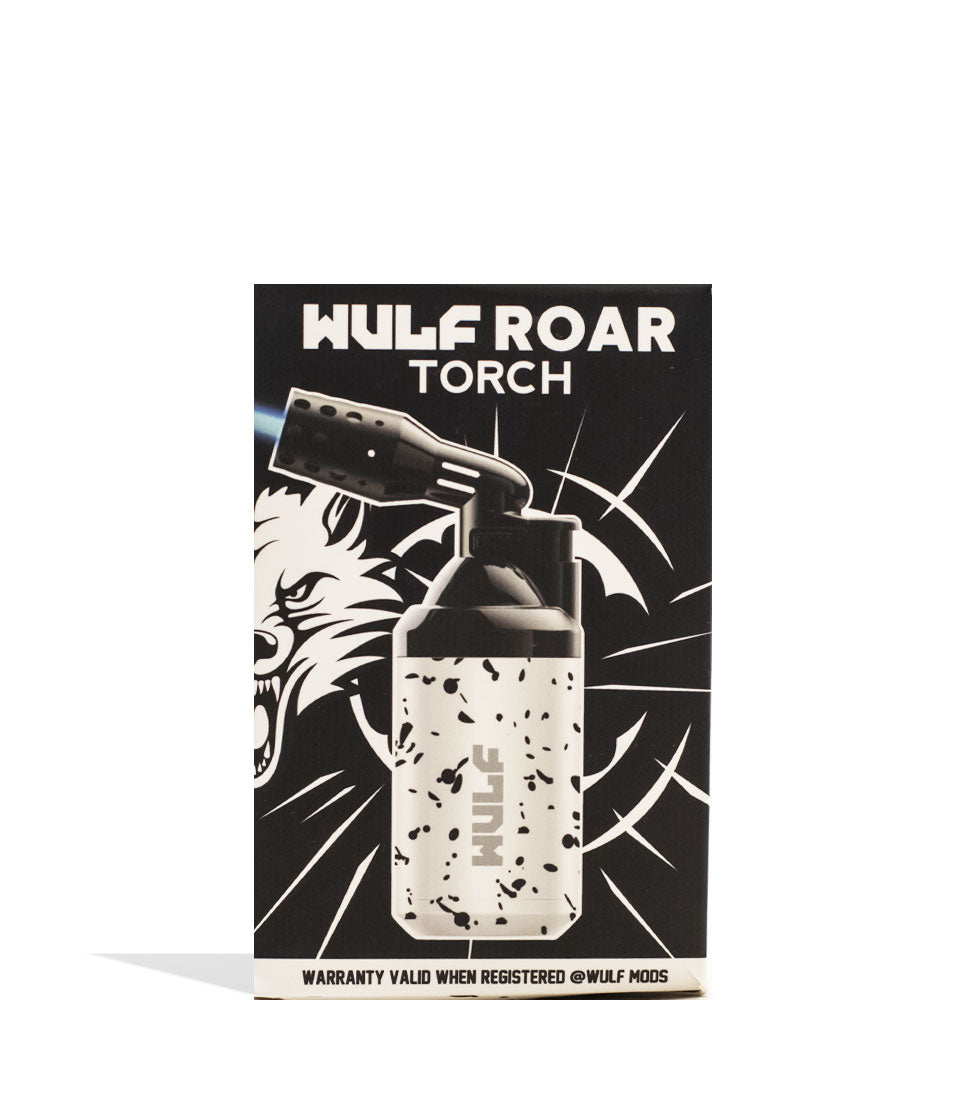 White Black Spatter Wulf Mods Roar Butane Torch 9pk Packaging Front View on White Background