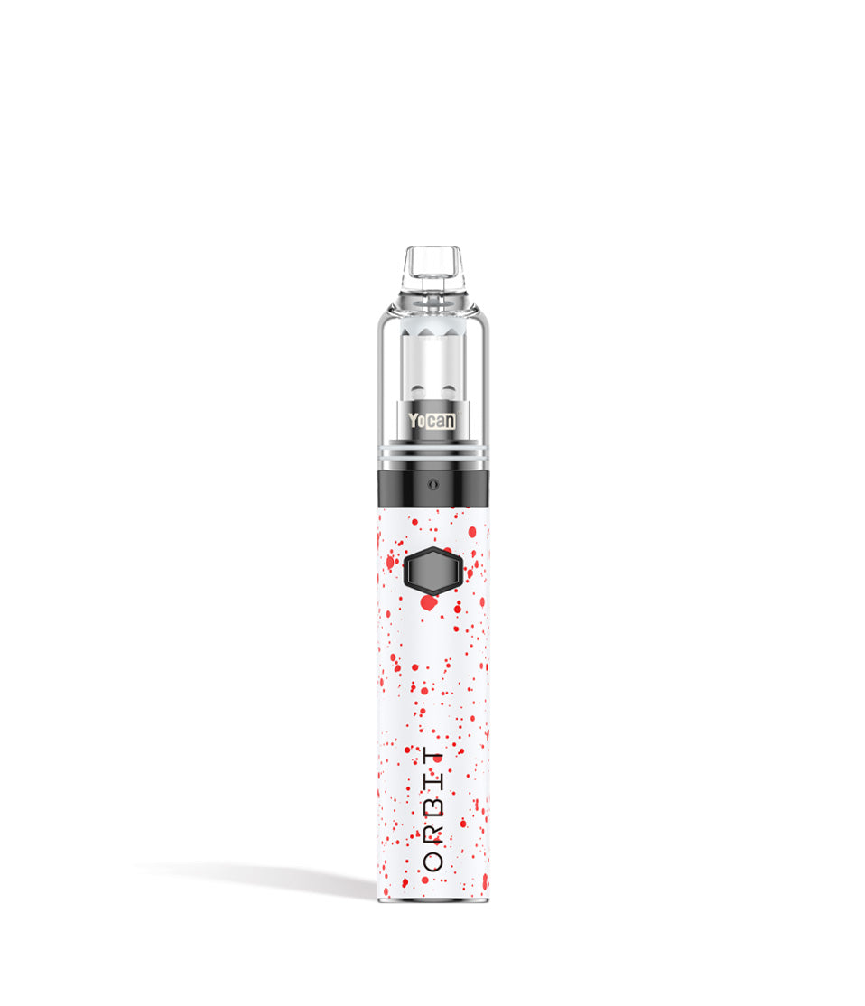 White Red  Spatter front view Wulf Mods Orbit Concentrate Vaporizer on white studio background