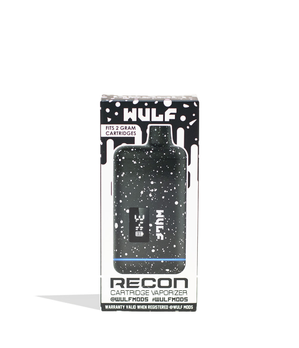 Black White Spatter Wulf Mods Recon Cartridge Vaporizer 9pk Packaging Front View on White Background