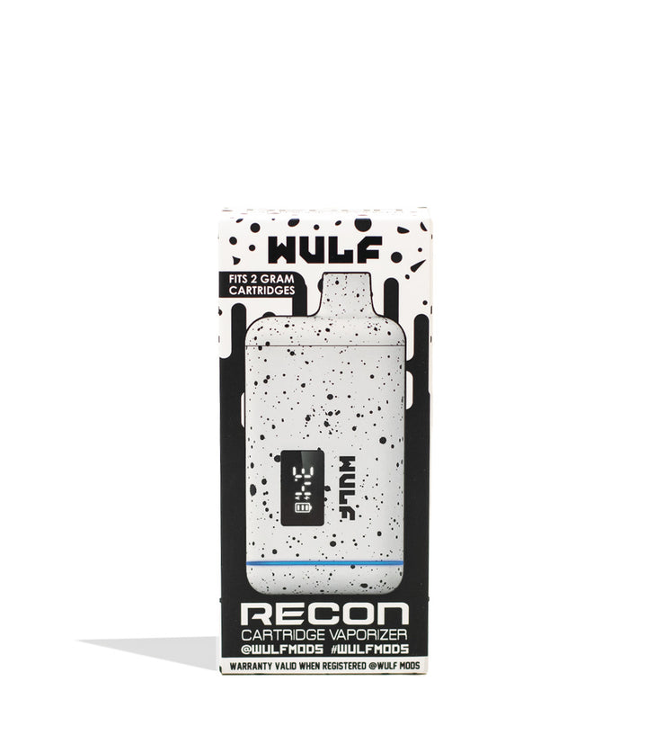 White Black Spatter Wulf Mods Recon Cartridge Vaporizer 9pk Packaging Front View on White Background