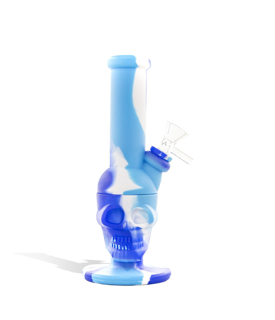 Dark Blue/White/Blue 8 inch Skull Design Silicone Water Pipe on white background