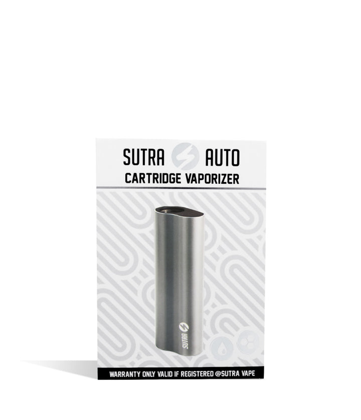 Silver packaging Sutra Vape Auto Cartridge Vaporizer on white background