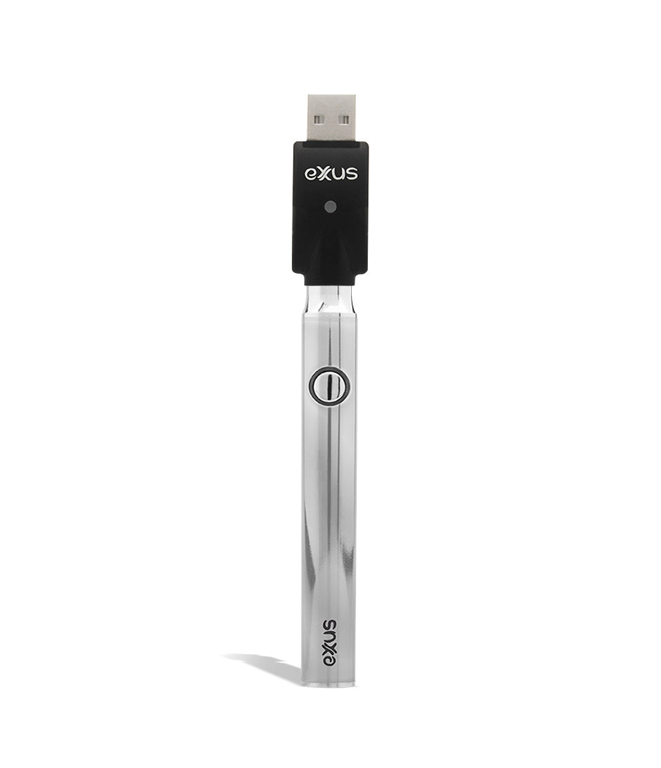 Silver w/charger front Exxus Vape Plus VV Cartridge Vaporizer on white background