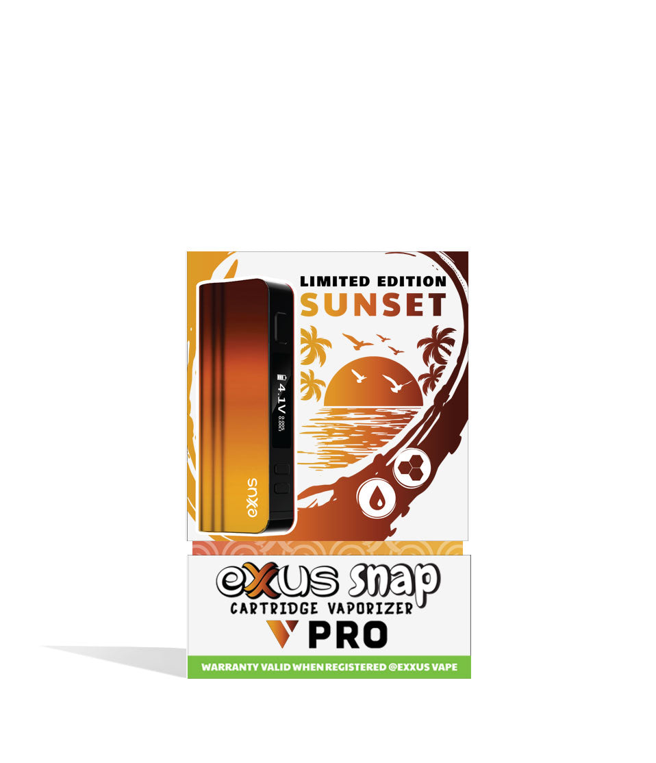 Sunset Exxus Snap VV Pro Cartridge Vaporizer Box Front View on White Background