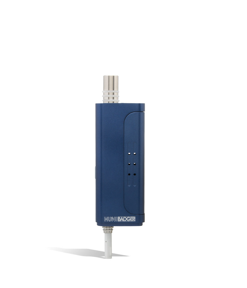 Blue opened Huni Badger Portable Electronic Vertical Vaporizer on white studio background