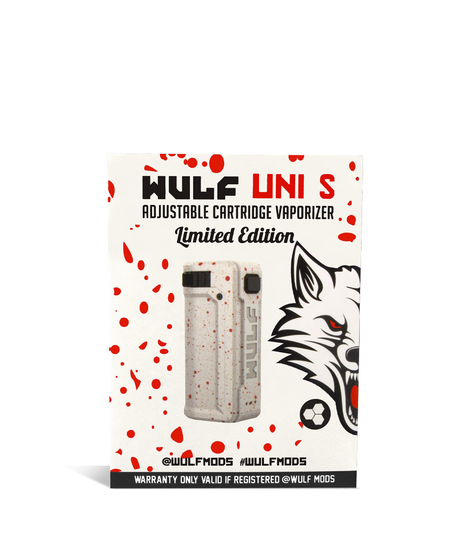 White Red Spatter Box Wulf Mods UNI S Adjustable Cartridge Vaporizer on white studio background