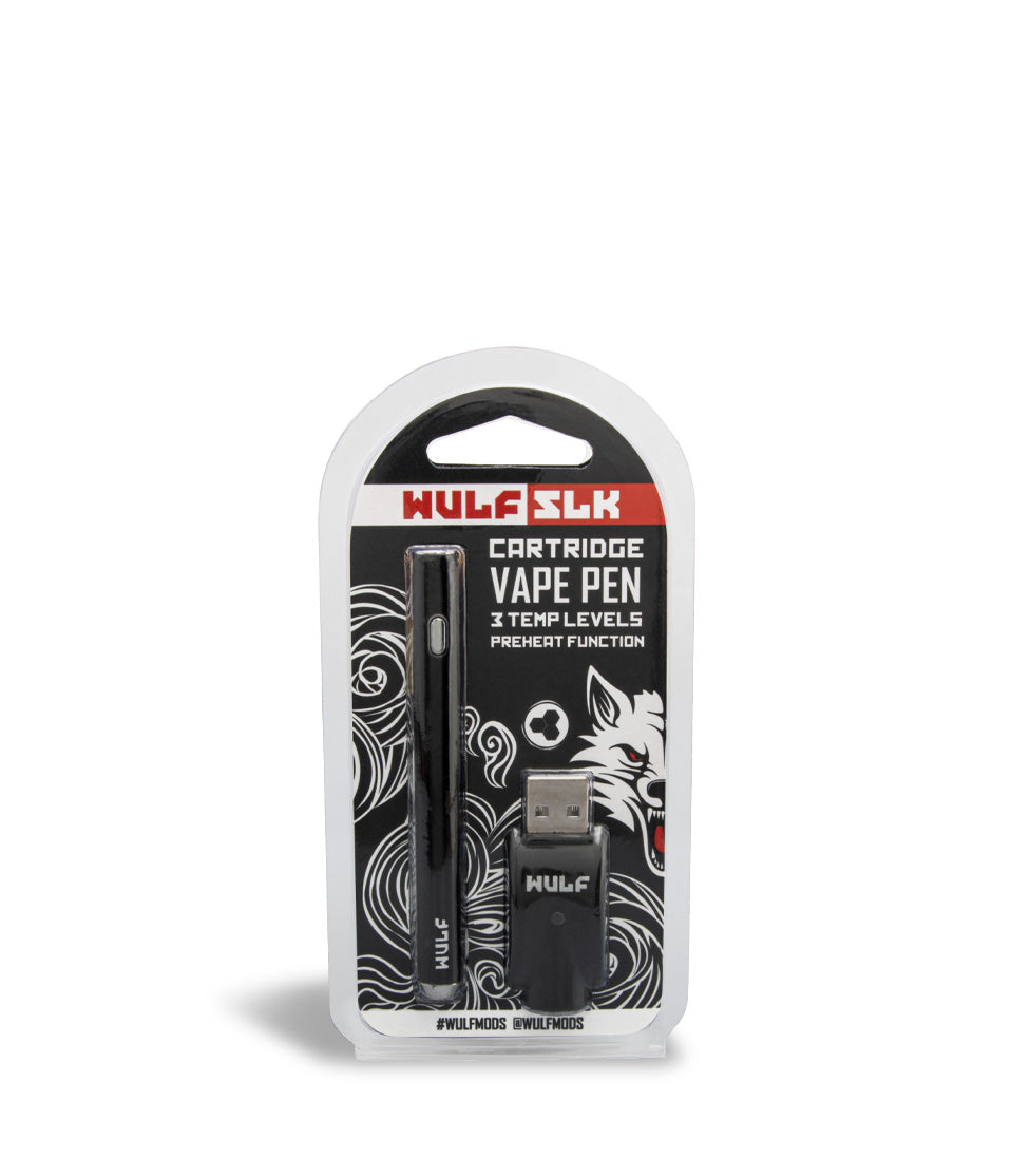 Black Package front view Wulf Mods SLK Vape Pen on white studio background