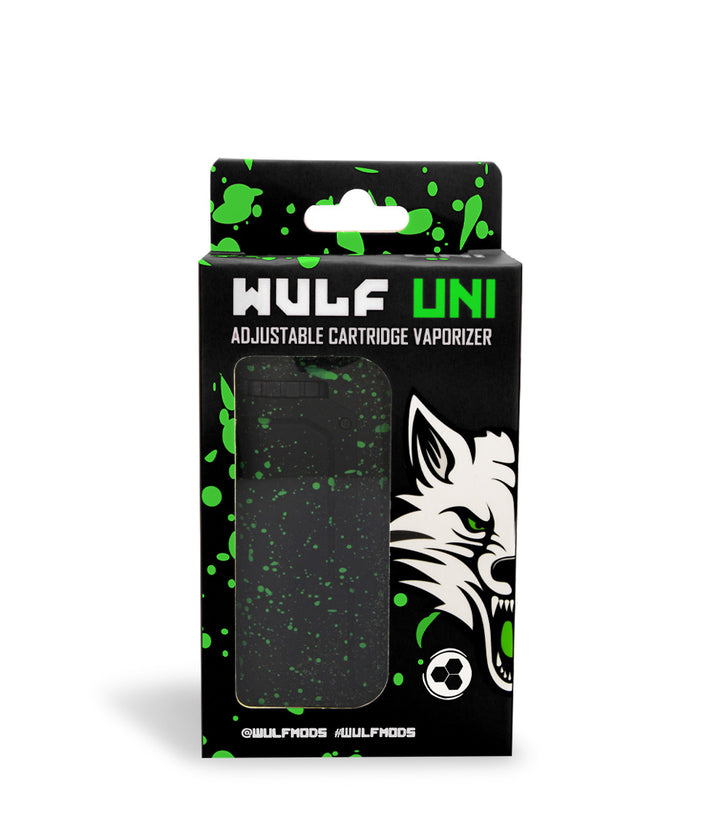 Black Green Spatter box front view Wulf Mods UNI Adjustable Cartridge Vaporizer on white studio background