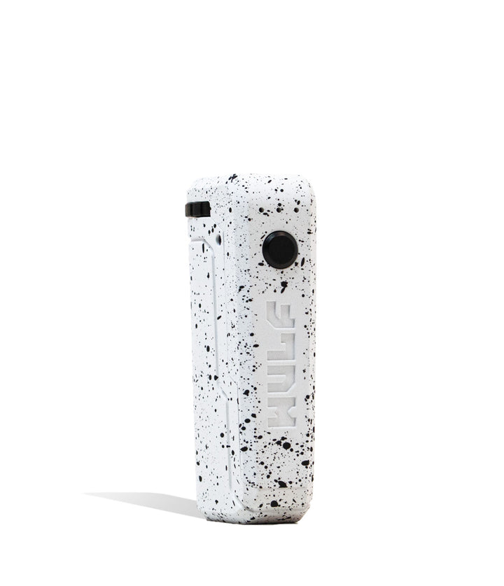 White Black Spatter Right side view Wulf Mods UNI Adjustable Cartridge Vaporizer on white studio background