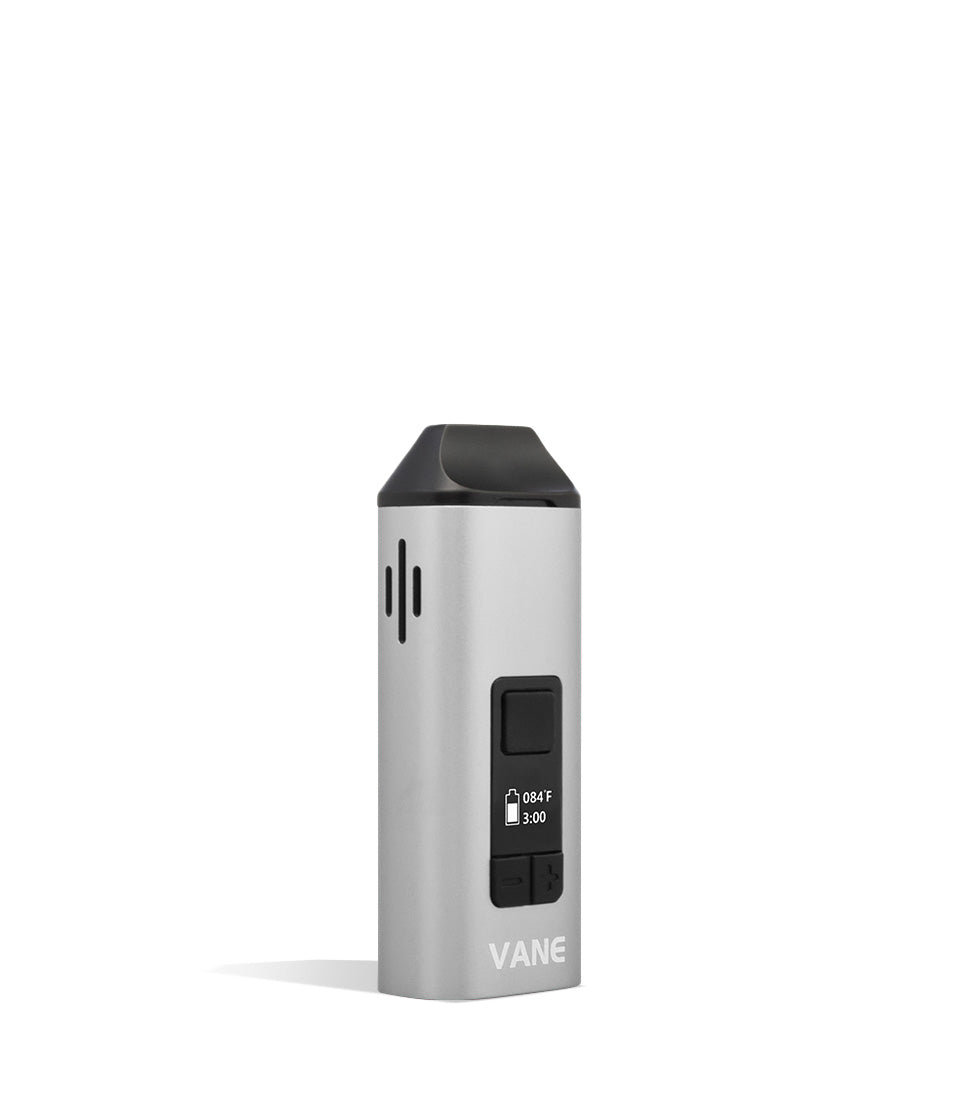 Silver side view Yocan Vane Dry Herb Vaporizer on white studio background